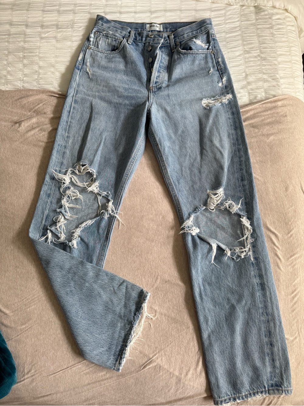 Agolde Light Blue Distressed Straight Leg Jeans